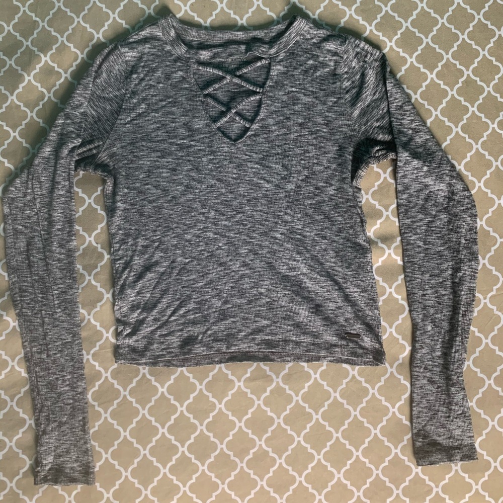 GRAY RIBBED FITTED LONG SLEEVE TOP